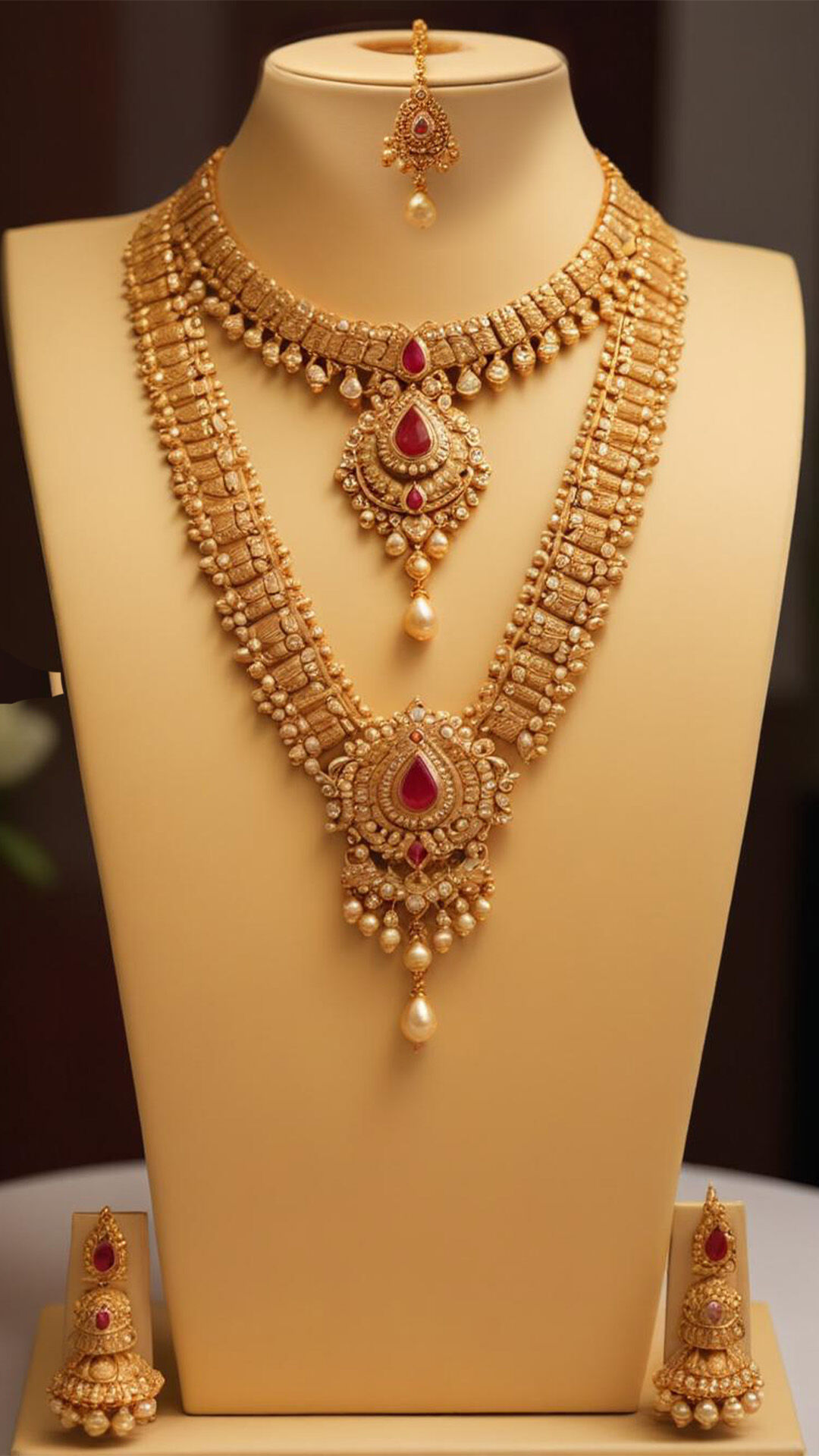 A elegant gold necklace with red diamond in it for a bride in her wedding